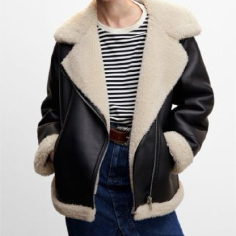 MANGO Black and White Faux Leather Moto Jacket